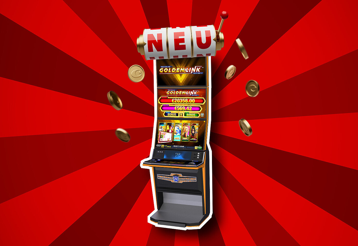 Neuer Golden Link Spielautomat auf rotem Hintergrund