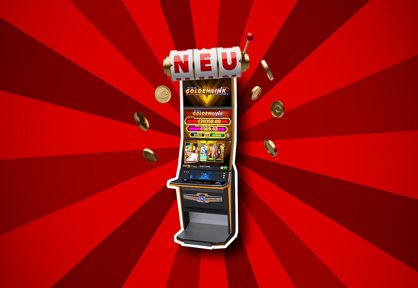 Neuer Golden Link Spielautomat auf rotem Hintergrund