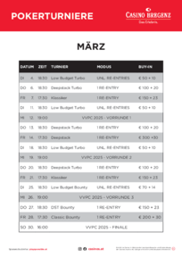 Poker Turnierplan März Casino Bregenz 2025 