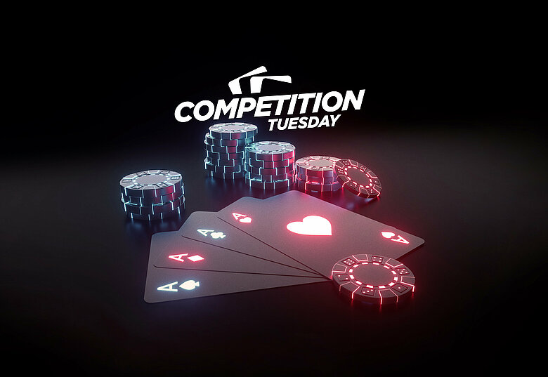 Competition Tuesday Schriftzug mit Poker-Karten und Jetons auf dunklem Hintergrund