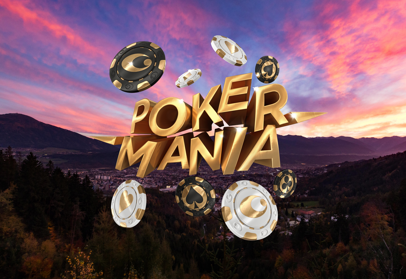 Sonnenuntergang Hintergrund, Pokermania Logo