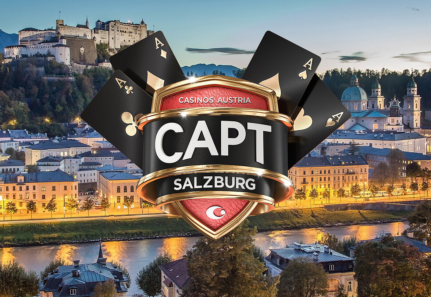 CAPT Salzburg Logo mit Blick auf die beleuchtete Altstadt und Festung Hohensalzburg.